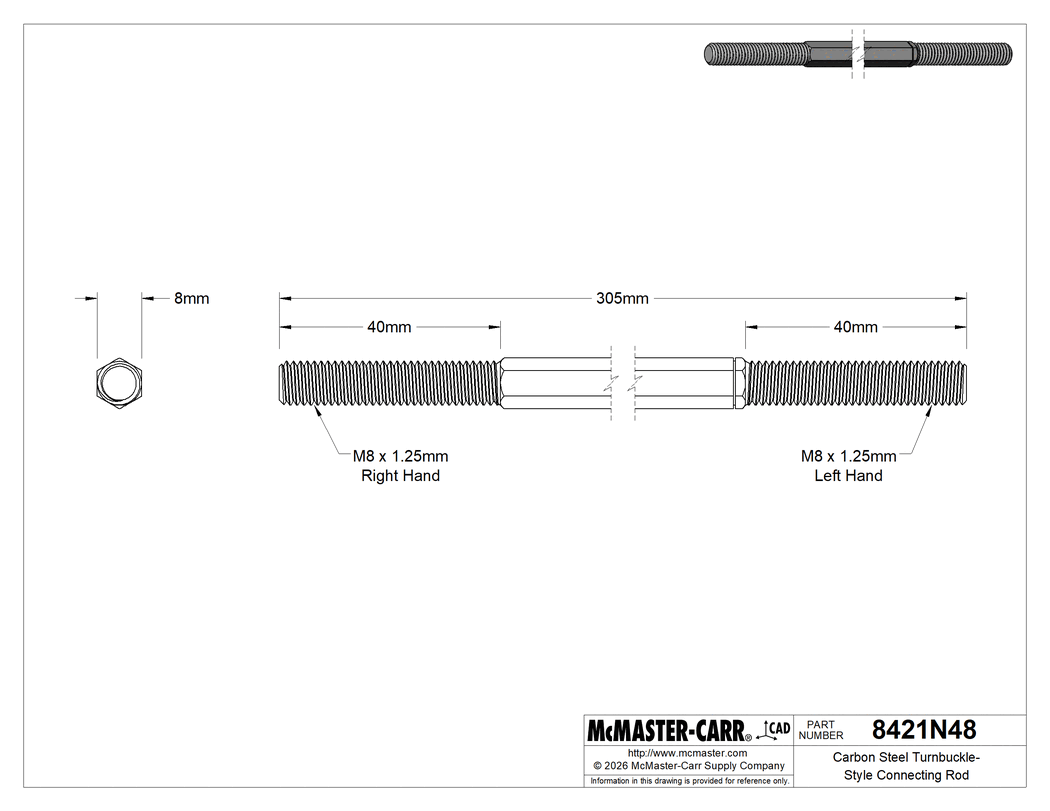 Technical Drawing of Carbon Steel Turnbuckle-Style Connecting Rod, M8 x 1.25 mm Thread Size, 305 mm Overall Length.